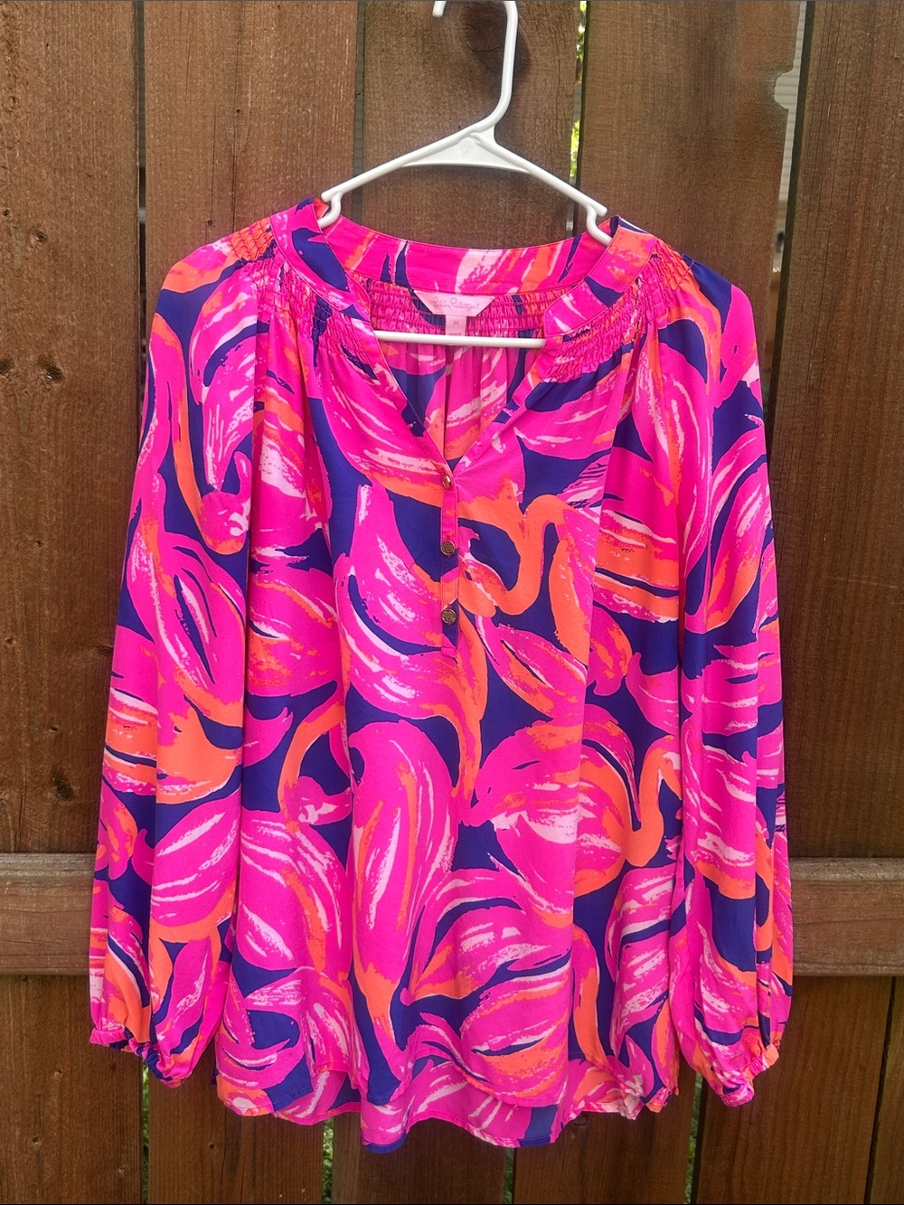 Lilly Pulitzer Colorful Silk Long Sleeve Tropical Blouse Size Medium